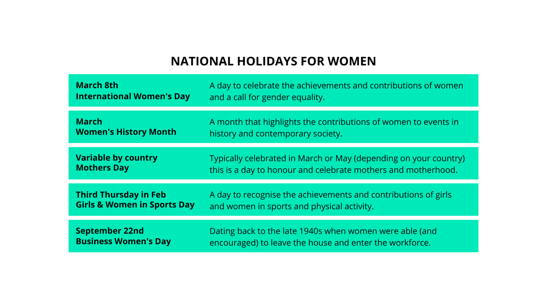 National holidays for women